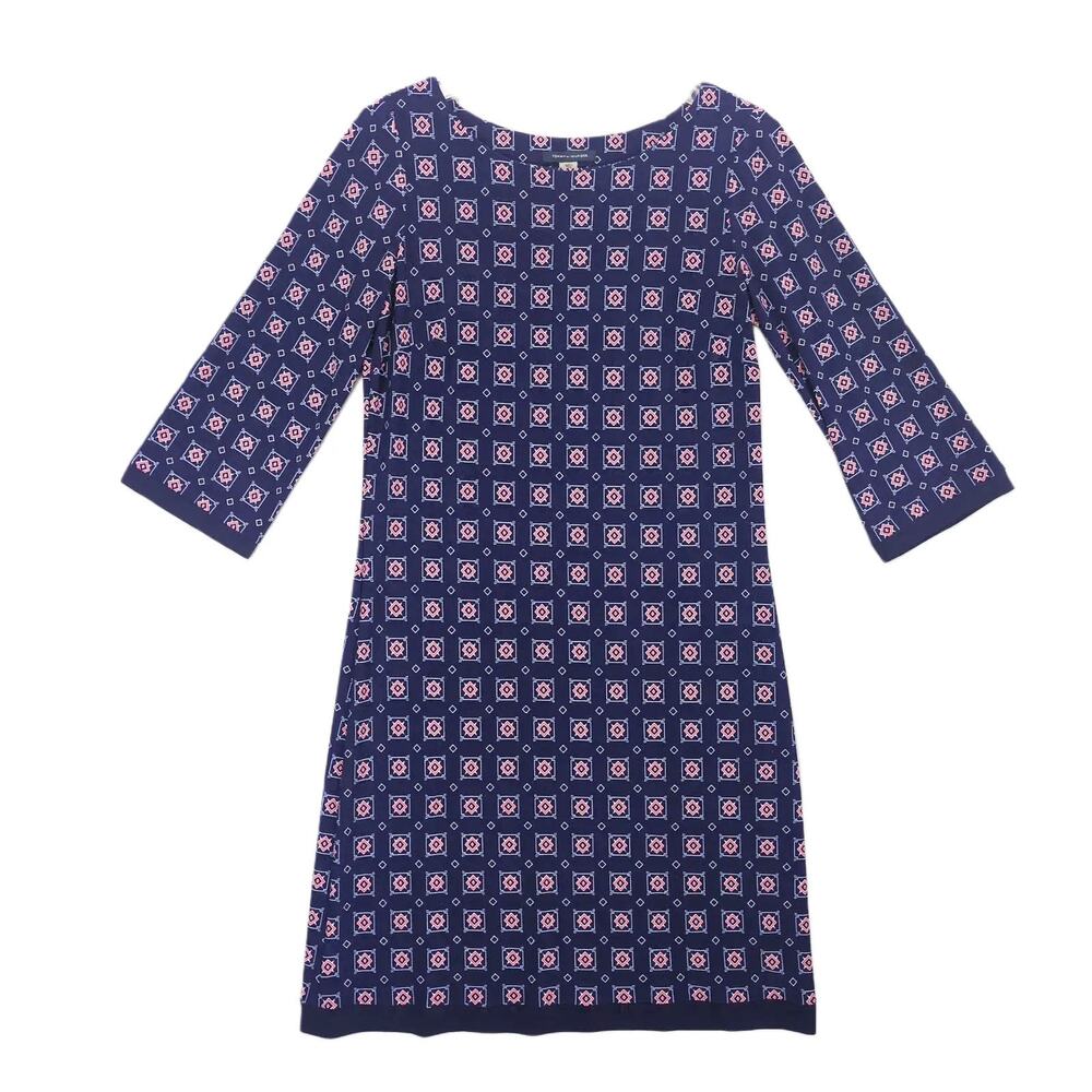 Tommy Hilfiger Women's 4 Geometric Navy A-Line Dress 3/4 Sleeve Preppy‎ Classic